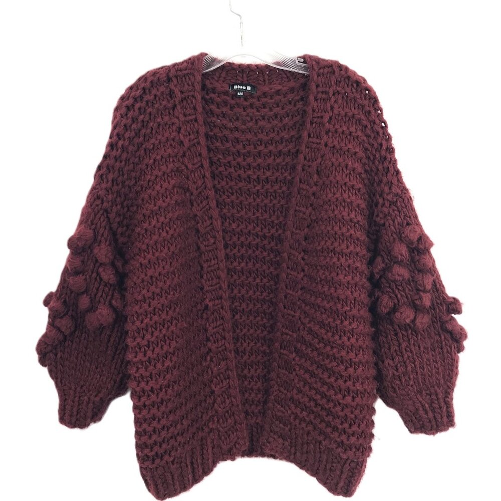 Chunky Knit Cardigan Sweater Wool Blend Pompom Sleeve Burgundy S, M